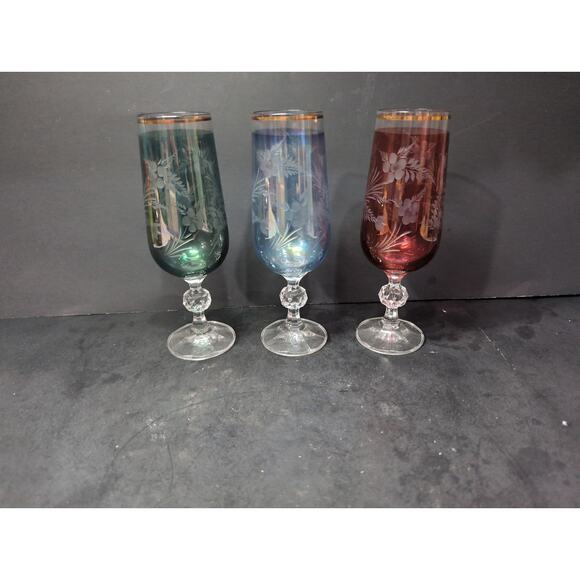 Bohemia Crystal Fluted Champagne Glass Goblet Set, Iridescent‎ Floral Pattern - Picture 2 of 9